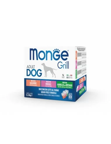 MONGE GRILL Multi Box Dog łosoś/wieprzowina/jagnięcina z warzywami 12x100g