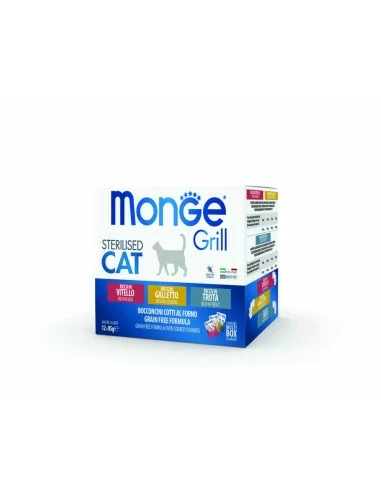 MONGE GRILL Multi Box Katze Kalbfleisch/Hähnchen/Forelle 12x85g